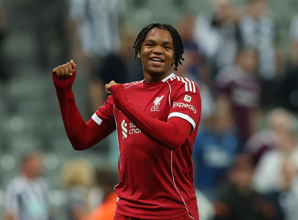 Rio Ngumoha of Liverpool celebrating after a soccer match.