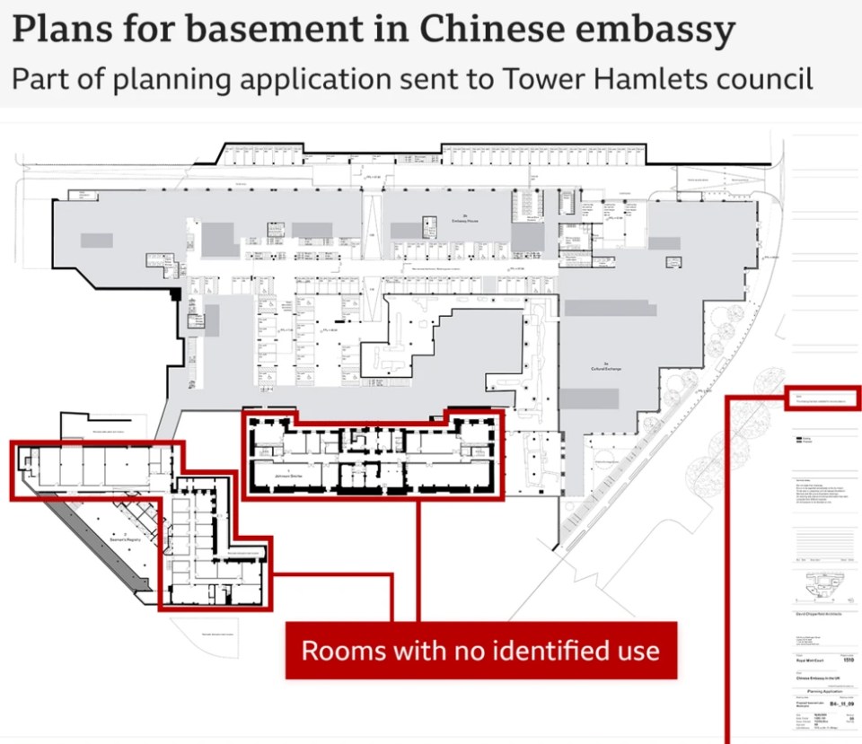 Diagram of the planned basement in the Chinese embassy in London, highlighting rooms with unidentified uses.