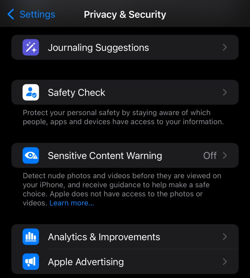 Screenshot of iPhone settings showing Safety Check, Sensitive Content Warning, and other privacy options.
