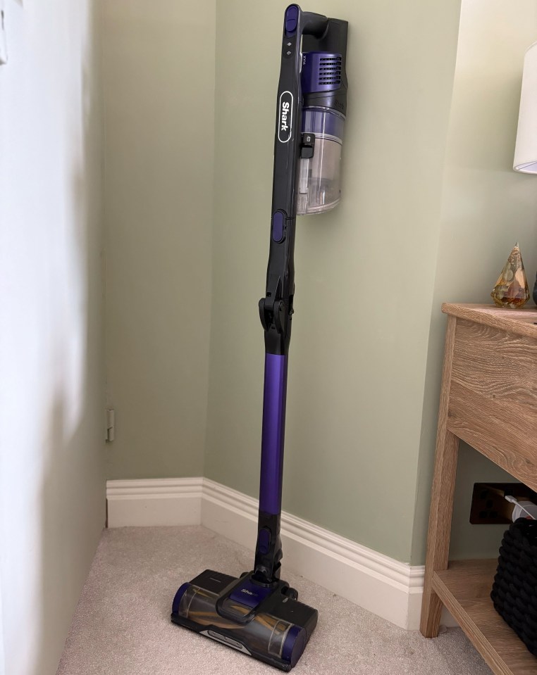 Shark cordless vacuum cleaner standing in a corner.