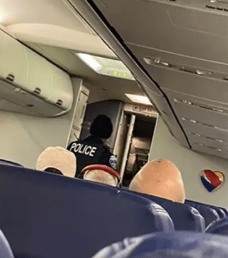 Police officer removing a Southwest Airlines pilot from a plane.
