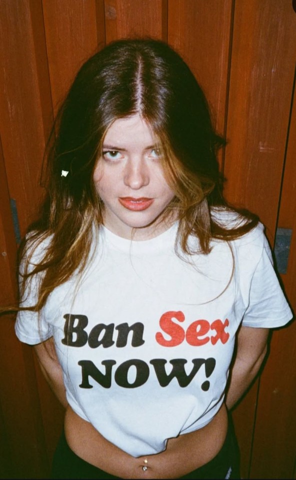 Photo of Bella Whiteway wearing a t-shirt that says "Ban Sex Now!"