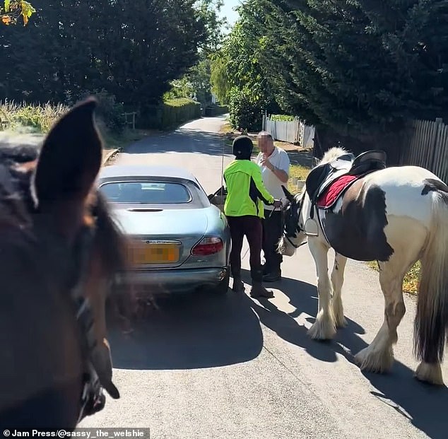 An angry Jaguar driver remonstrated with a horse rider after she asked him to slow down on a country road