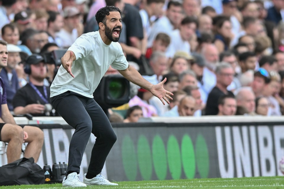 Ruben Amorim, manager of Manchester United, reacting during a Premier League match.