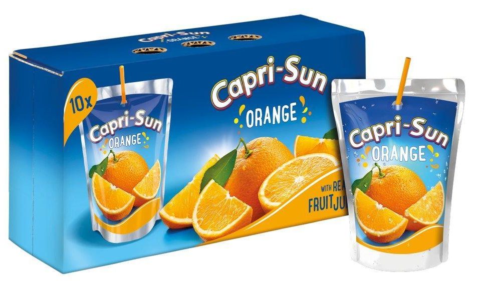 Box of Capri-Sun orange juice pouches.