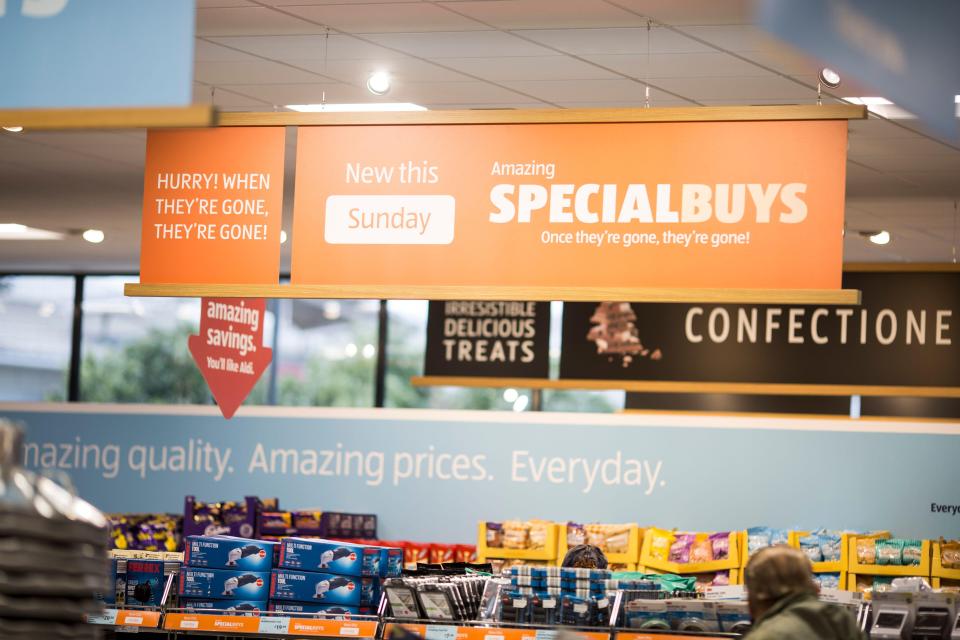 Aldi supermarket interior with signage advertising Specialbuys.