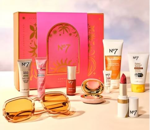 No7 summer beauty set with makeup and skincare products.