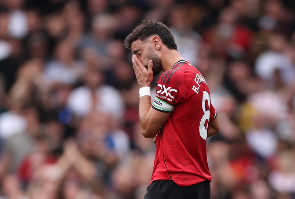 Bruno Fernandes of Manchester United reacts during a soccer match.