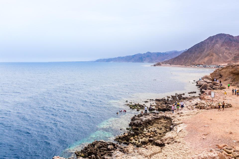 Tourists at the Blue Hole in Dahab, Egypt.