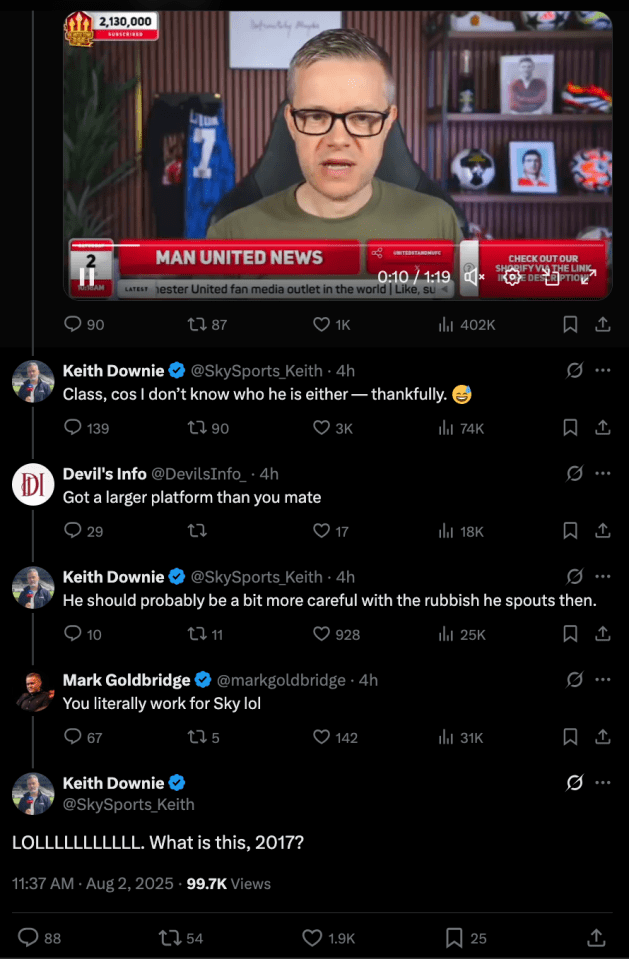Screenshot of Twitter thread about a Man United news video.