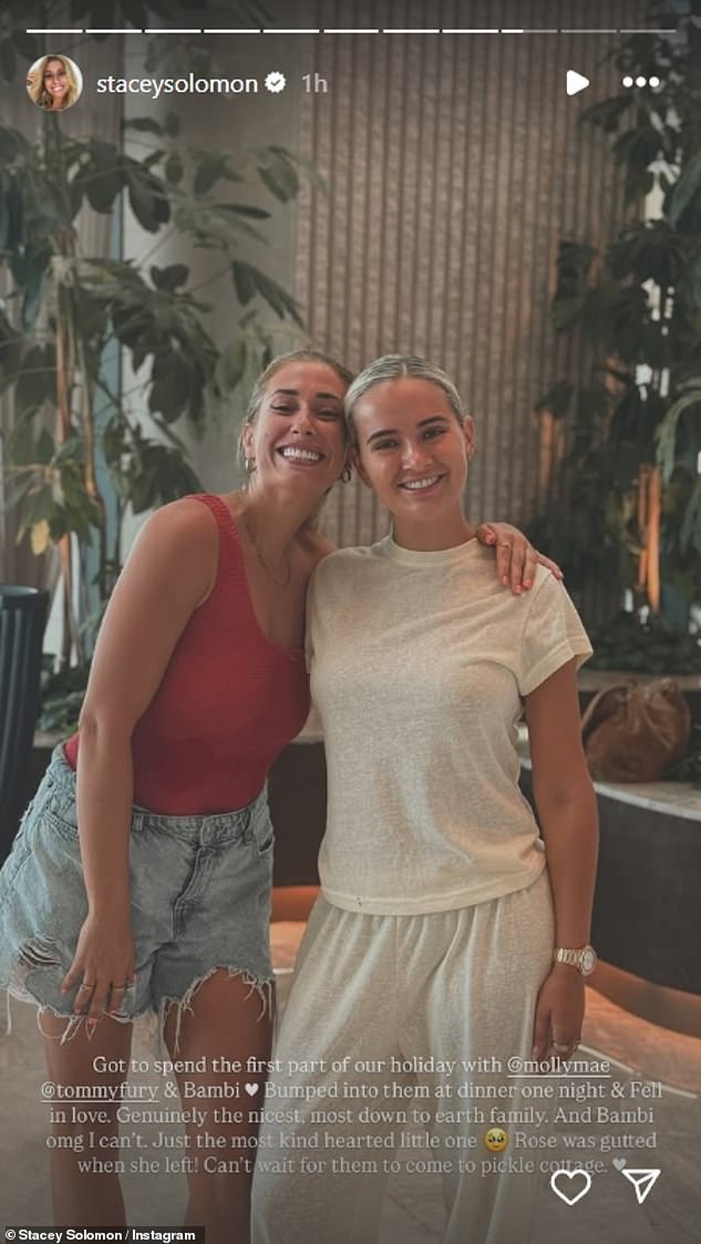 Stacey Solomon has revealed she's struck up a sweet friendship with Molly-Mae Hague after their pair met at dinner during their respective holidays to Turkey.
