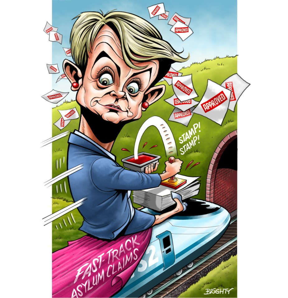 Illustration of a woman on a train rapidly stamping asylum claim forms as "approved."