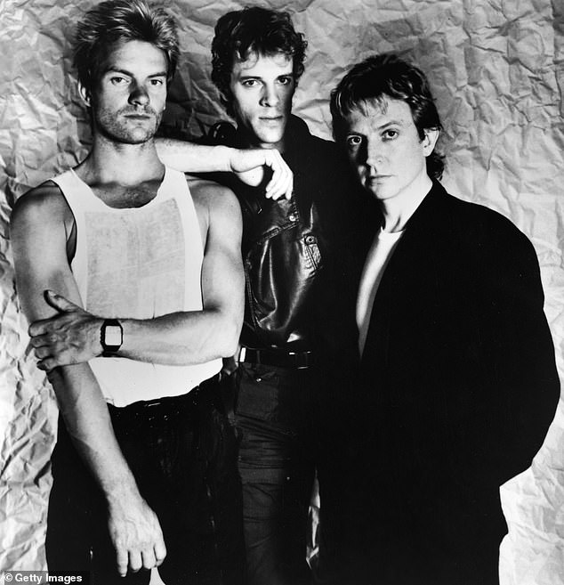 The singer, pictured left in 1983, was handed a High Court writ by the group's guitarist Andy Summers, right, and drummer Stewart Copeland, centre