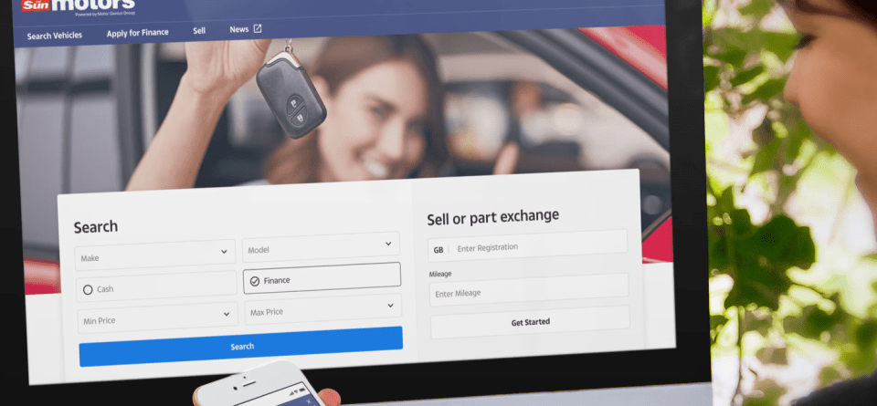 Screenshot of Sun Motors website showing vehicle search and sell/part exchange options.