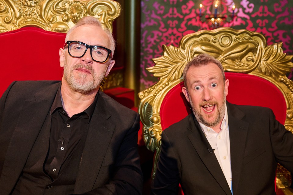 Greg Davies and Alex Horne sitting in ornate chairs.