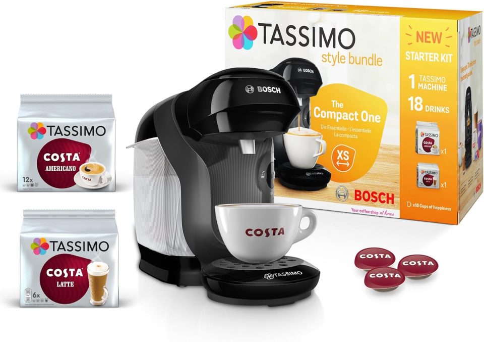 Tassimo coffee machine starter kit with Costa Americano and Latte pods.