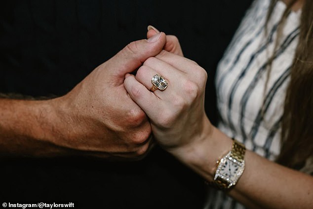 Swift also revealed her mammoth diamond engagement ring in the post
