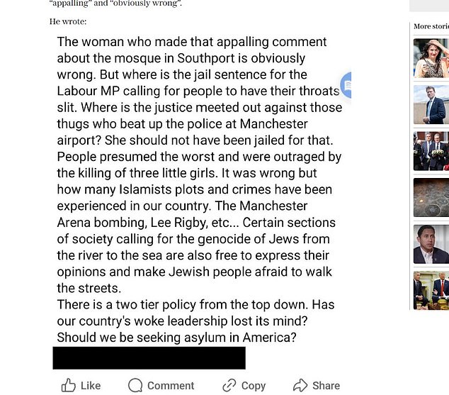 Pictured: Mr Pearson's Facebook post that eventually resulted in his dismissal. Preston College's investigation deemed the posts a violation of its policies, damaging of professional relationships and likely to bring the college's reputation into disrepute