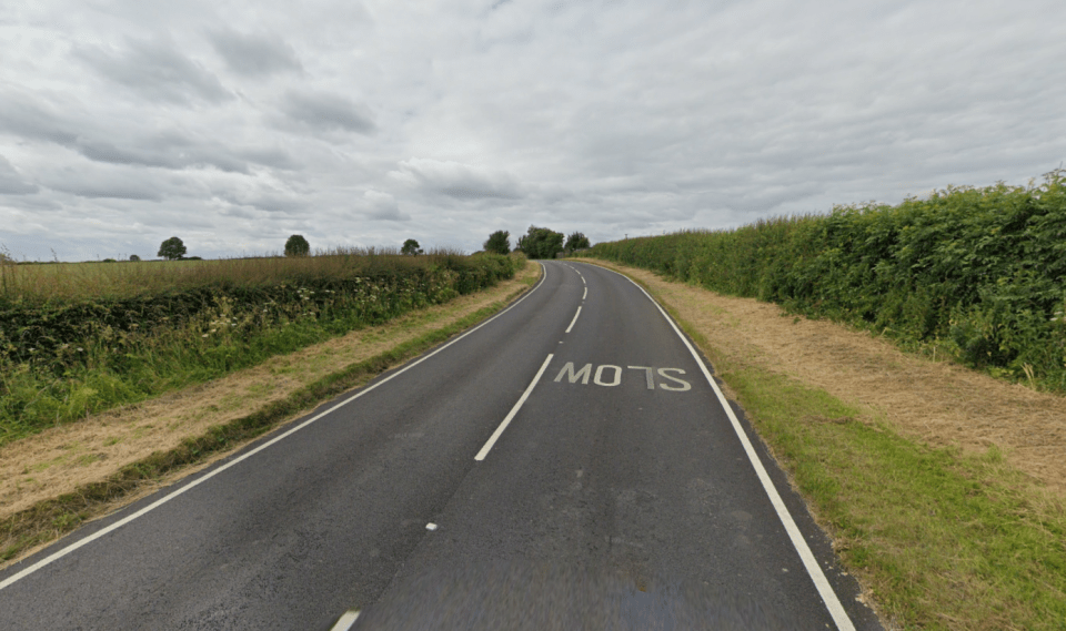 Screenshot of a winding road with "SLOW" painted on the asphalt.