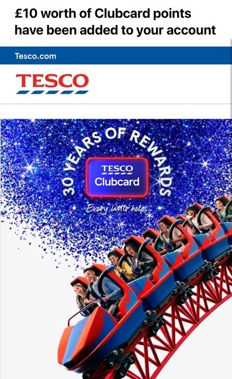 Illustration of people on a roller coaster with a Tesco Clubcard promotion.