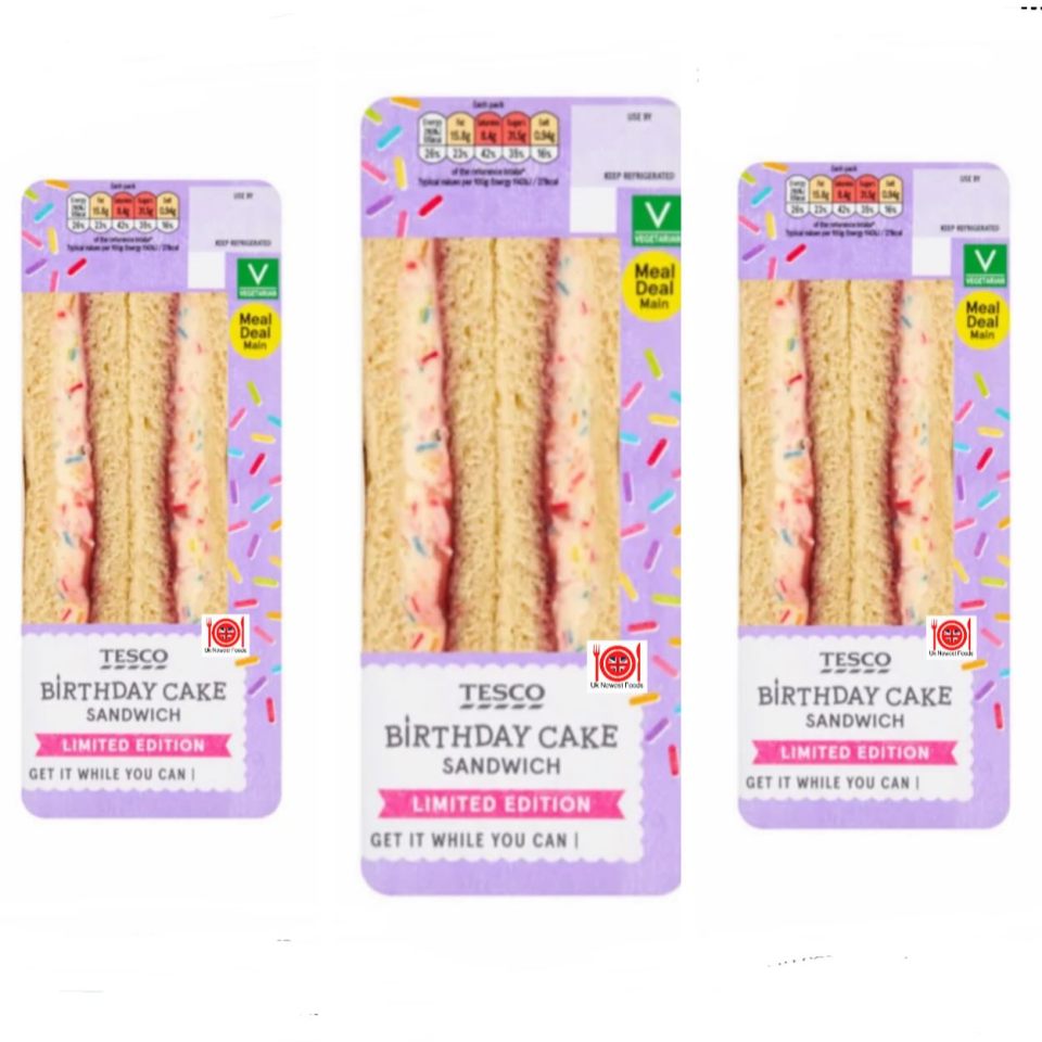 Three packages of Tesco's limited edition birthday cake sandwiches.
