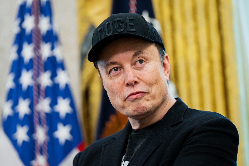 Elon Musk wearing a "DOGE" hat at a press conference.