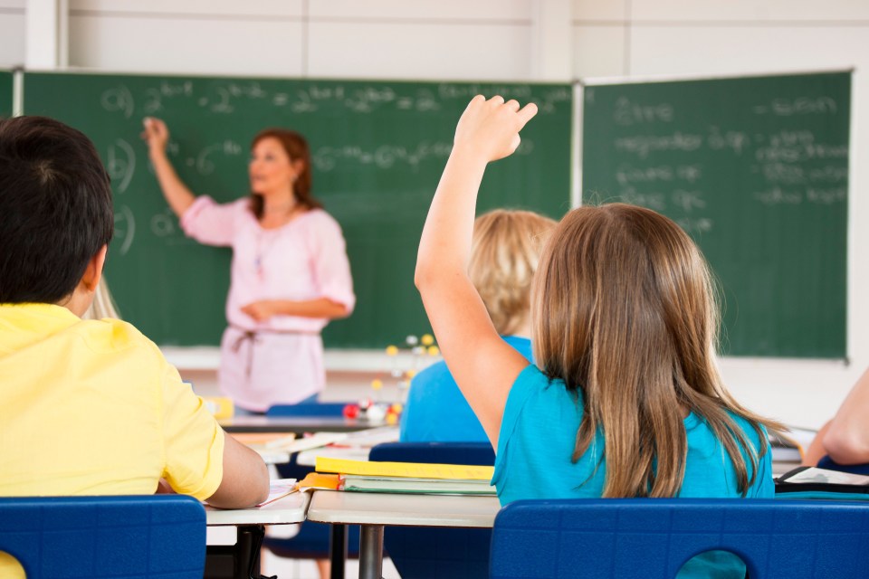 Girl raising her hand in class.