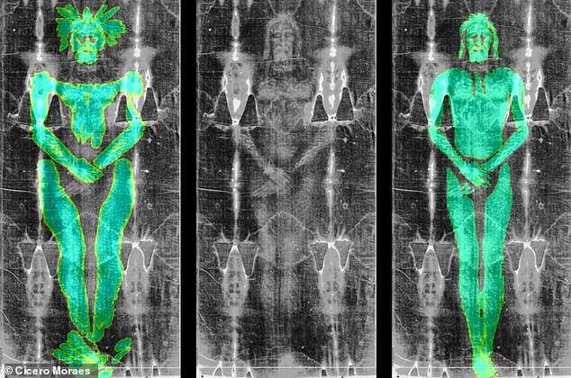 New analysis shows that the images on the Shroud of Turin (centre) could only have been produced by laying the cloth over a flat sculpture (right) rather than over a human body (left)