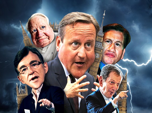 From bottom left, clockwise: Peter Mandelson, Ted Heath, David Cameron, Michael Portillo and Alastair Cambell