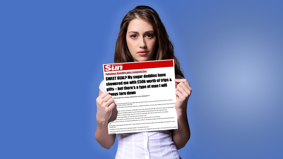 Woman holding a newspaper with a headline about a woman's experiences with sugar daddies.