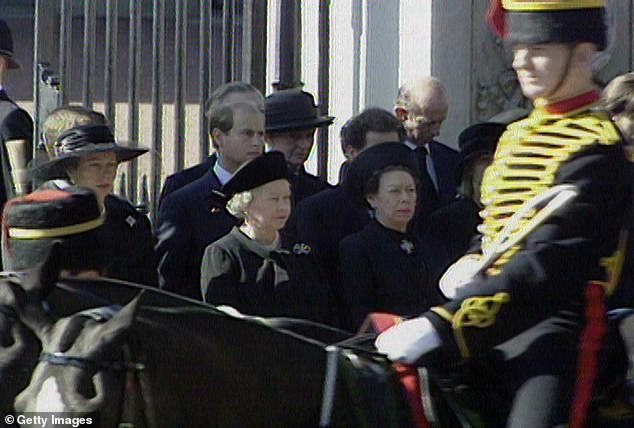 The Queen is pictured next to Princess Margaret at Princess Diana's funeral on September 6, 1997