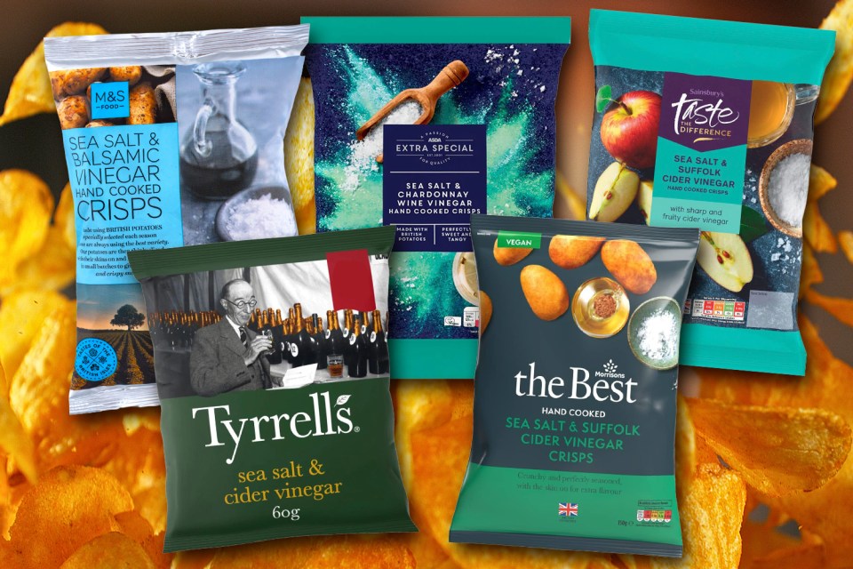 Collage of various sea salt and vinegar crisp packets.