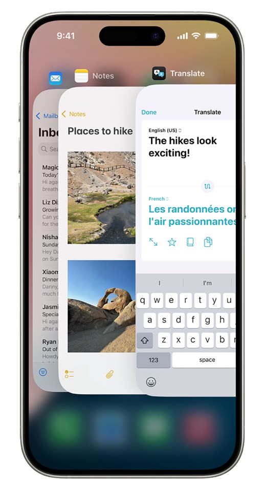 iPhone screen showing Notes app with hiking photos and Translate app translating "The hikes look exciting!" to French.