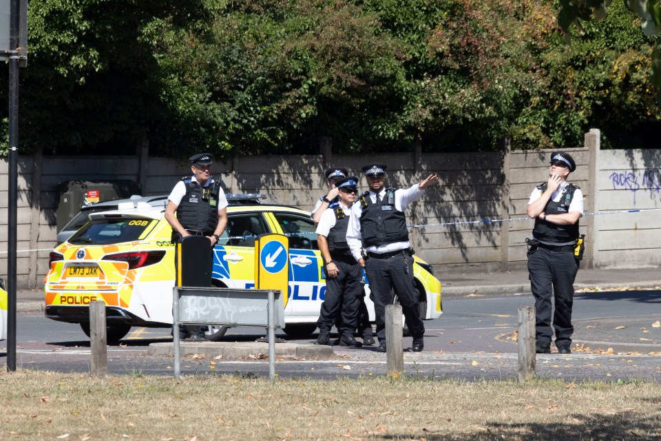 Police officers at a crime scene.