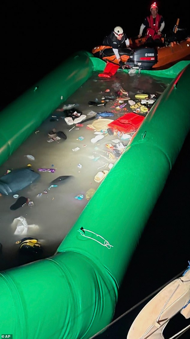 A partially flooded dinghy at the site of a rescue operation led by the crew of the vessel NADIR operated by the organization RESQSHIP in which over 60 people were rescued from an overcrowded and flooded rubber boat in the Central Mediterranean, early Saturday, Aug. 23, 2025