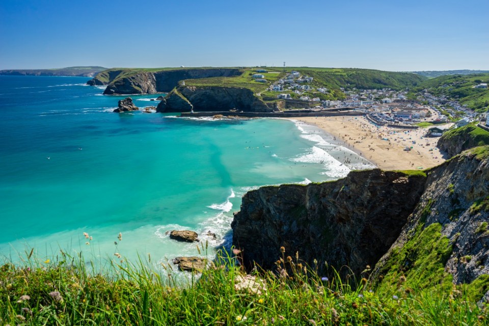Aerial view of Portreath beach in Cornwall, England.