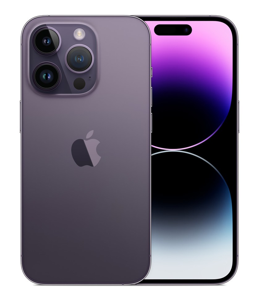 Purple iPhone 14 Pro shown from both front and back.