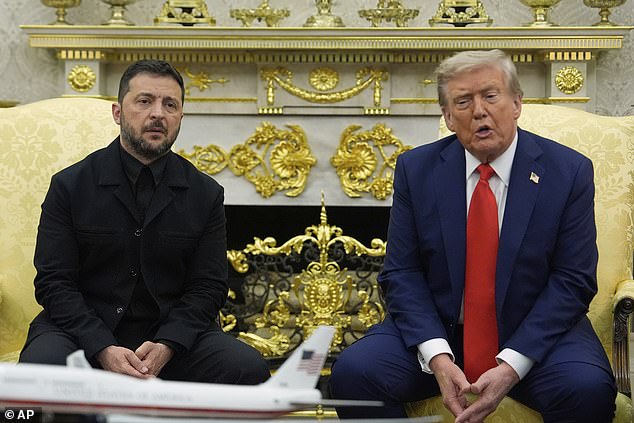 After meeting with Zelenskyy (pictured left) and European leaders Monday, Trump (pictured right) said on social media that he called Putin and began the arrangements for a meeting between the leaders of Russia and Ukraine, at a location to be determined