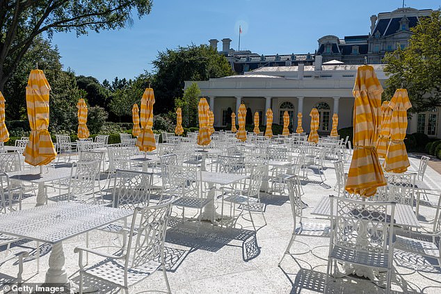 Pictured: the newly repaved Rose Garden on August 9. The immaculate garden, surrounded by rose bushes, was created in 1913 before being renovated by John F Kennedy in 1961