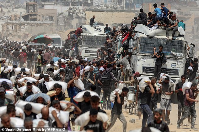 Steve Witkoff inspected a food distribution centre in Gaza today amid an escalating war of words over 'starvation' claims. His visit came as Germany, France, Spain, Jordan and UAE have joined forces to airdrop supplies into the besieged strip