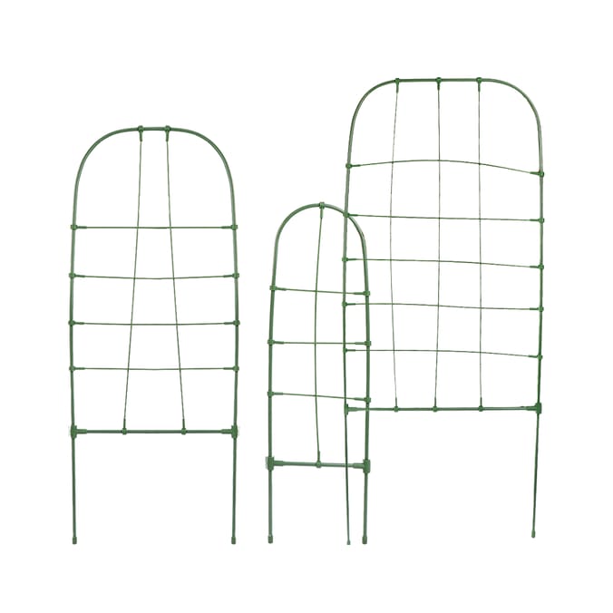 Three green plant trellises of varying heights.