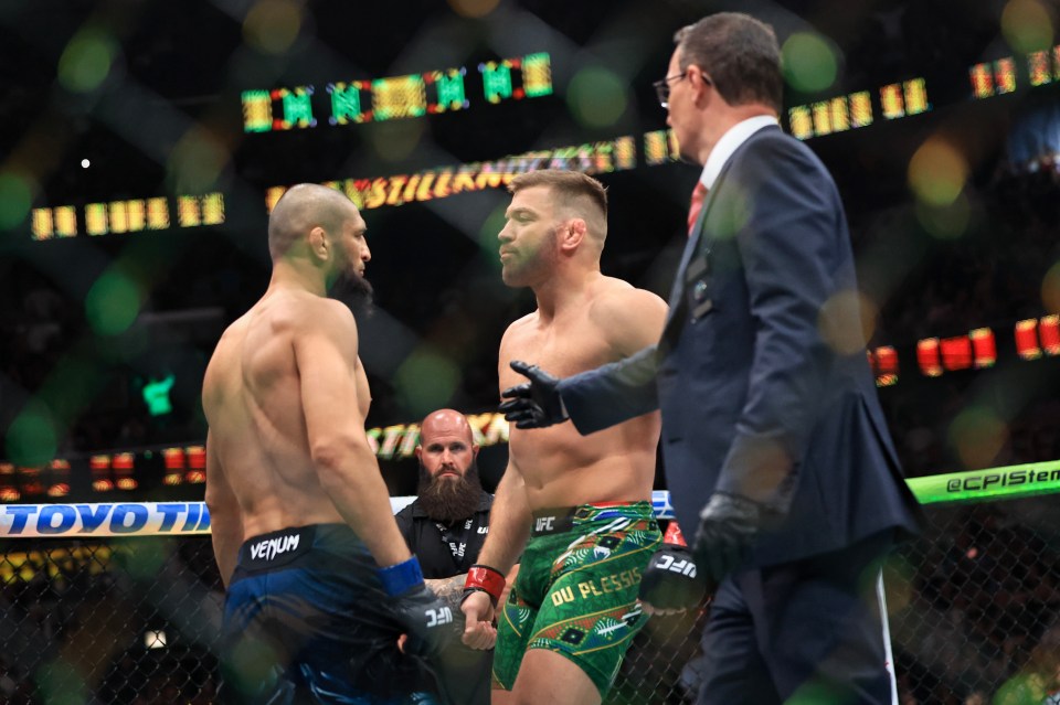 Dricus du Plessis and Khamzat Chimaev facing off at a UFC press conference.