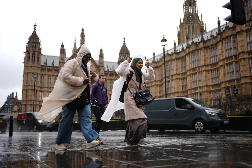Two women in raincoats crossing a street in London during a downpour.