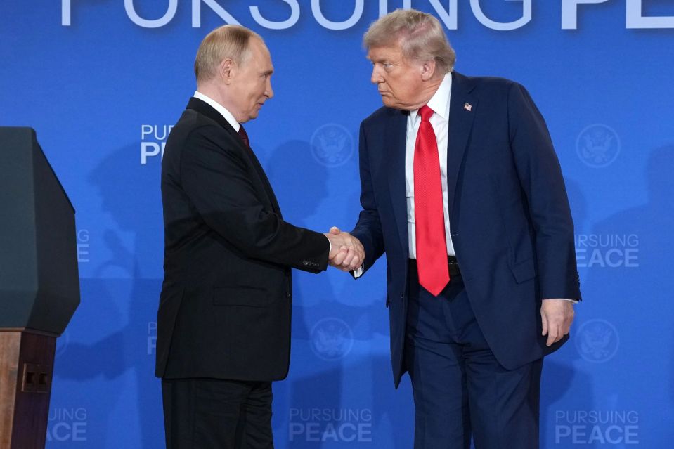 An image collage containing 1 images, Image 1 shows President Trump and President Putin shaking hands at a press conference