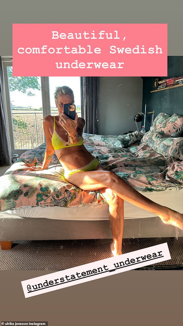 Ulrika told fans she was 'completely in love' with the mesh neon green two-piece as she showed off her athletic physique in the selfie