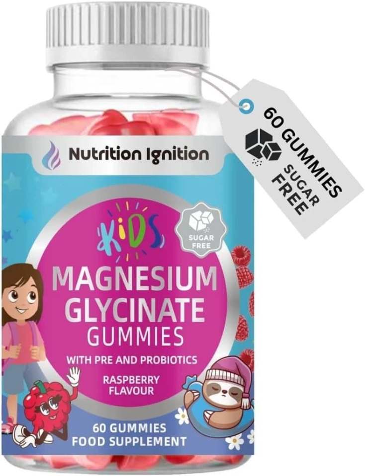 Bottle of Nutrition Ignition Kids Magnesium Glycinate Gummies with pre and probiotics.  60 sugar-free gummies. Raspberry flavor.