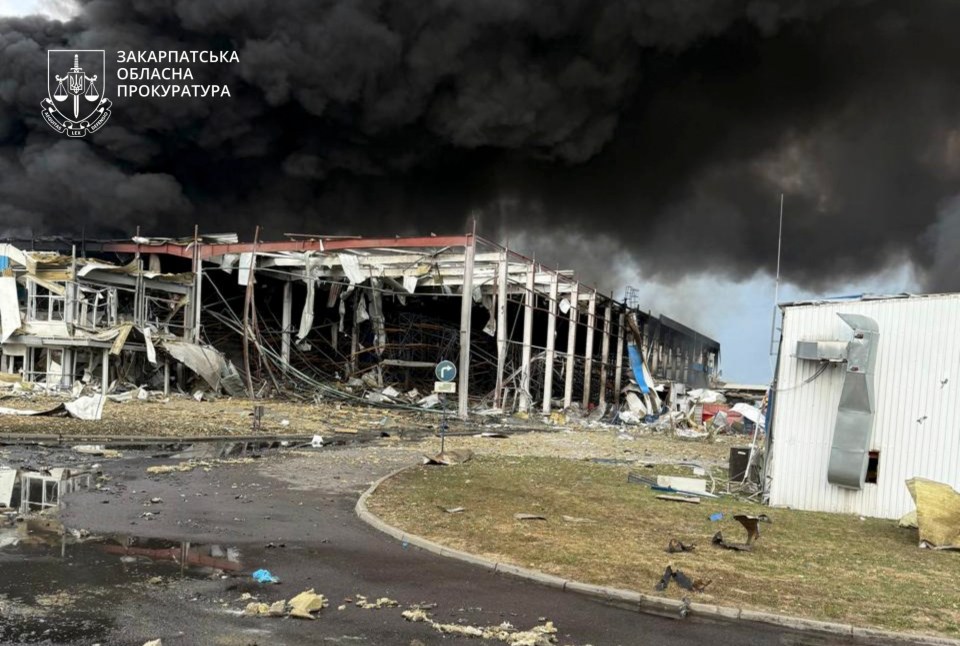 Damaged industrial facility in Mukachevo, Ukraine, after a Russian missile strike.