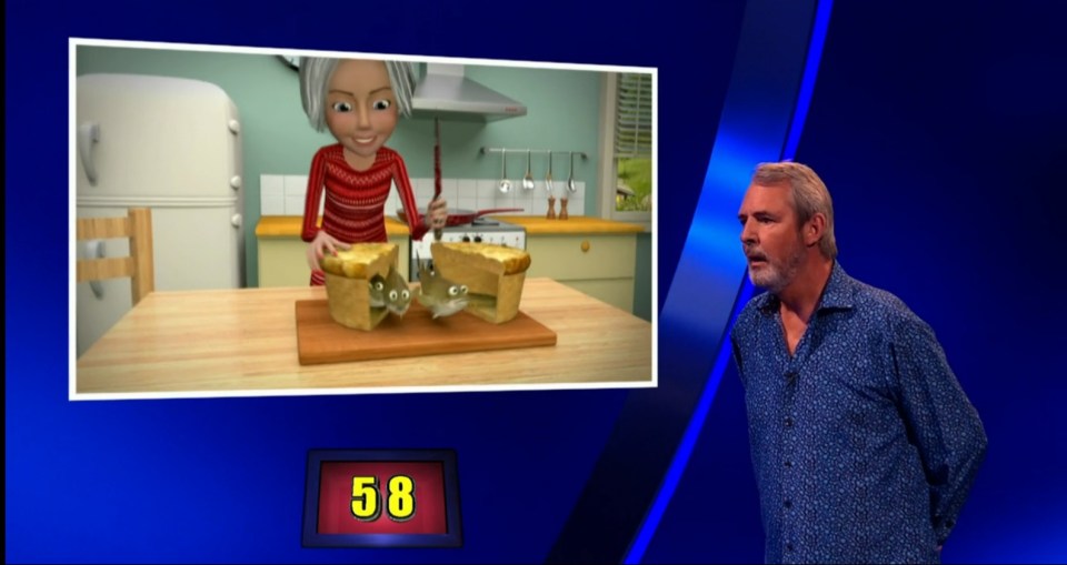 Illustration of a woman cutting a pie to reveal fish inside, shown on a game show screen with the number 58.