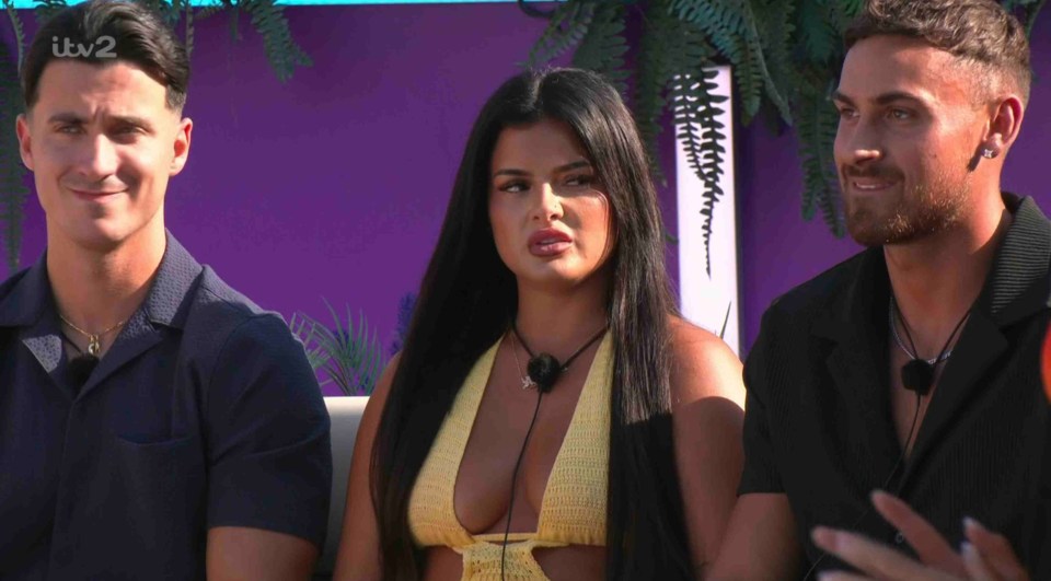 Three Love Island contestants sitting together.