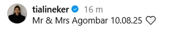 The daughter of the entrepreneur, 26, and her football manager partner Harry, 31, kissed during the picturesque outdoor ceremony, she wrote: 'Mr & Mrs Agombar 10.08.25'
